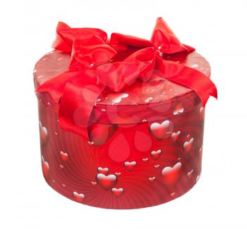 Royalty Free Photo of a Round Red Gift Box With Heart Icons and a Red Bow