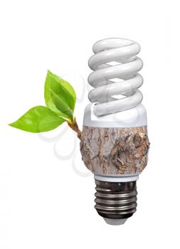 Royalty Free Photo of a Energy Saving Lighbulb Partially Made of a Tree Stump With Green Leaves 