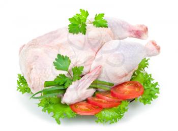 Royalty Free Photo of a Raw Whole Turkey With Trimmings on a White Background