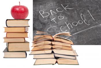 Back to School written on a blackboard with books and red apple 