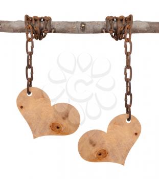 Wooden hearts on the iron chain