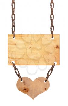 Wooden sign board with chain and heart