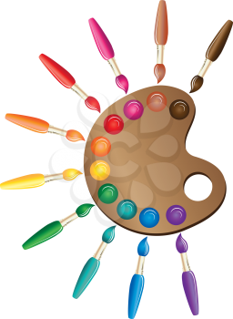 Wooden art palette with paints and brushes. Color art brush symbol