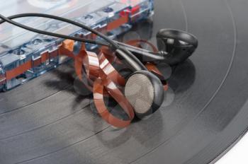 Audio cassette, vinyl record and Headphones
