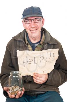 Beggar and coins in a glass jar