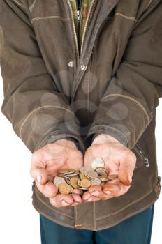 Hands of a beggar with coins
