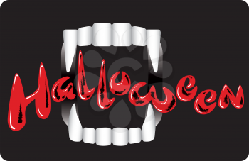 Vampire Teeth on a dark background. Holiday Halloween. Advertising, invitations, poster