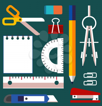 Stationery elements set. Elementary school appliances collection. Education tools. Stationery icons