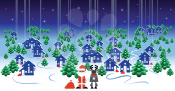 Winter landscape. Banner. Christmas design with Santa Claus, reindeer and gifts. Gifts in every home