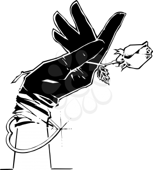 Royalty Free Clipart Image of a Black Gloved Hand Holding a Rose