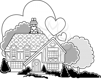 Royalty Free Clipart Image of a House With Hearts Behind and Above It