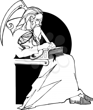 Royalty Free Clipart Image of an Old Man With a Scythe Sitting in a Chair