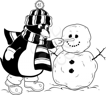 Royalty Free Clipart Image of a Penguin Building a Snowman