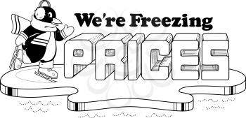 Royalty Free Clipart Image of a Skating Penguin on a We're Freezing Prices Ad