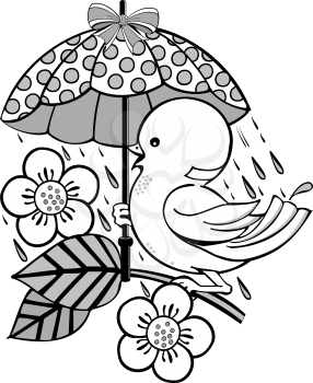 Royalty Free Clipart Image of a Bird and Flower Under an Umbrella