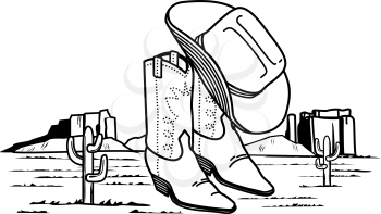 Royalty Free Clipart Image of Cowboy Boots and a Hat in the Desert