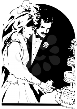 Royalty Free Clipart Image of a Bridal Couple Cutting a Wedding Cake