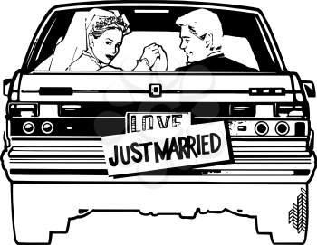 Royalty Free Clipart Image of a Bridal Couple Leaving in a Car