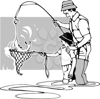 Royalty Free Clipart Image of a Father and Son Fishing