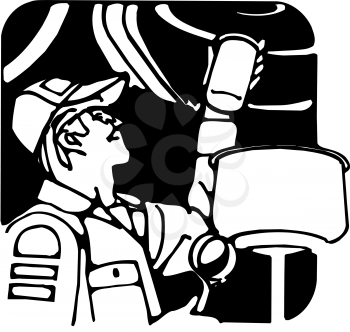 Royalty Free Clipart Image of a Man Changing an Oil Filter
