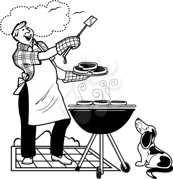 Royalty Free Clipart Image of a Do Watching a Man Barbecuing