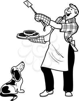 Royalty Free Clipart Image of a Dog Watching a Man With a Plate of Meat