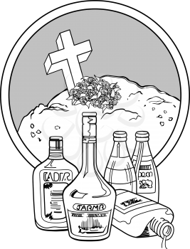 Royalty Free Clipart Image of Bottles and a Grave
