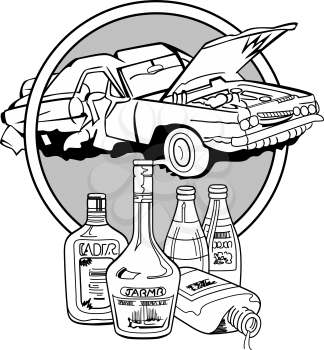 Royalty Free Clipart Image of a Smashed Car and Bottles