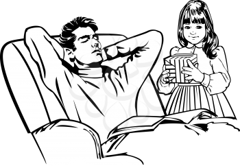Royalty Free Clipart Image of a Girl Holding a Gift Beside a Man in an Easy Chair