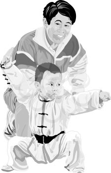Royalty Free Clipart Image of a Father Watching His Son Do Karate
