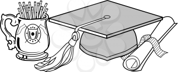 Royalty Free Clipart Image of a Mortarboard, Diploma and Cup of Pens