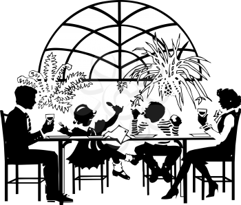 Royalty Free Clipart Image of a Family Dining
