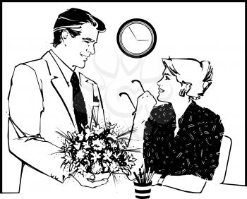 Royalty Free Clipart Image of a Man Bringing Flowers to a Woman