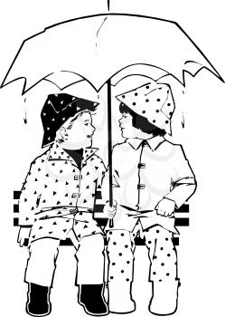Royalty Free Clipart Image of Two Children Under an Umbrella