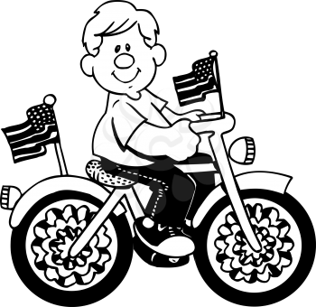 Royalty Free Clipart Image of a Boy Riding a Bike With American Flags
