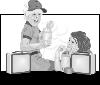 Royalty Free Clipart Image of Children Eating Lunch