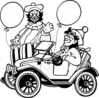 Royalty Free Clipart Image of Two Clowns and a Car