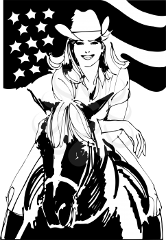 Royalty Free Clipart Image of a Cowgirl on a Horse in Front of an American Flag