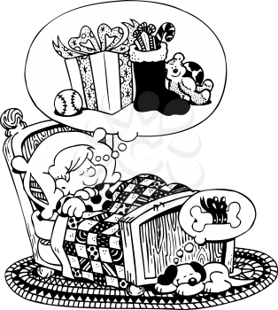 Royalty Free Clipart Image of a Child Dreaming About Christmas Presents
