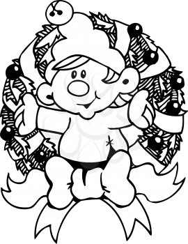 Royalty Free Clipart Image of an Elf Sitting on a Wreath