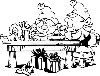 Royalty Free Clipart Image of Elves at a Worktable