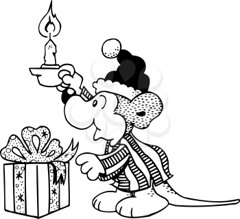 Royalty Free Clipart Image of a Mouse Holding a Candle and Looking at a Christmas Gift