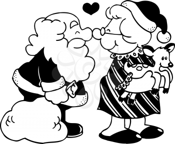 Royalty Free Clipart Image of Santa Rubbing Noses With Mrs. Claus