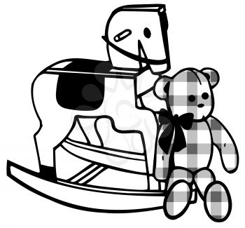 Royalty Free Clipart Image of a Rocking Horse and Toy Bear