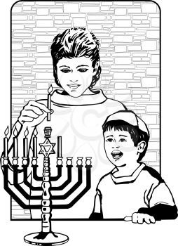 Royalty Free Clipart Image of a Mother and Son Lighting a Menorah