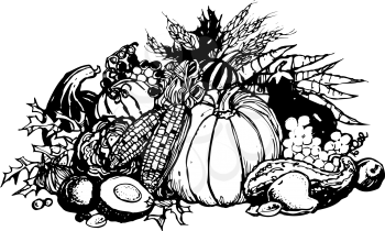 Royalty Free Clipart Image of Harvest Fruits and Vegetables