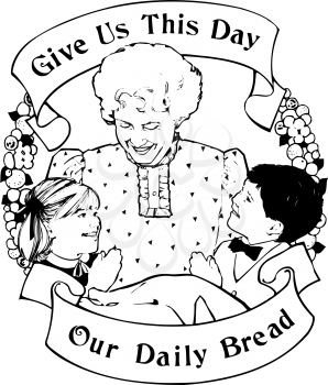 Royalty Free Clipart Image of a Woman and Two Children on a Thanksgiving Banner