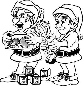 Royalty Free Clipart Image of Two Elves With Toys