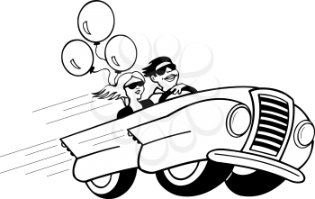 Royalty Free Clipart Image of a Couple With Balloons in a Convertible