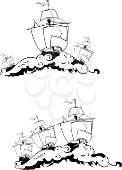 Royalty Free Clipart Image of Two Designs Showing Three Ships